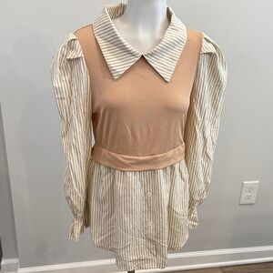 SHEIN Medium Striped Beige and Cream Blouse with Puff Sleeves
